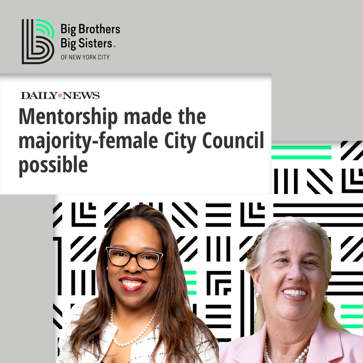We're happy to share that our CEO, Alicia D. Guevara co-authored alongside Council Member <a href="/galeabrewer/">Gale A. Brewer</a> for an Op-Ed in the NY Daily News. Click our link in bio for their thoughts on the impact of mentorship and elevating women to leadership.

#bbbsnyc #mentorship #leadership