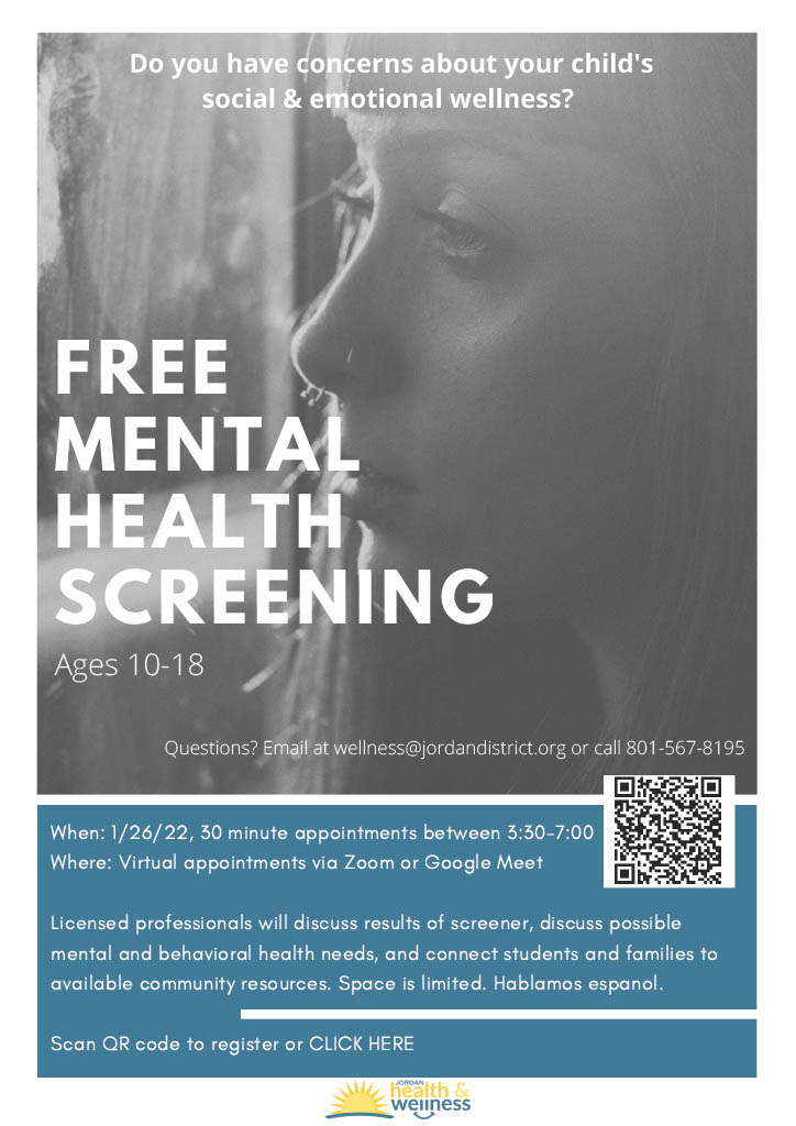 jordandistrict's tweet photo. Do you have concerns about your child’s social &amp; emotional wellness? On Jan. 26, 2022, the Jordan Health and Wellness Team will be providing virtual mental health consultation interview appointments every 30 min. between 3:30 &amp; 7 p.m.

For more info visit https://t.co/bdfi75rC6N https://t.co/gT3UUVauzB