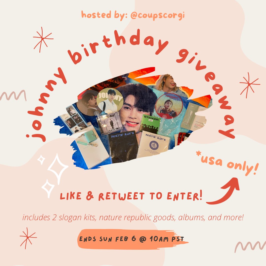 coupscorgi's tweet photo. 🌻 johnny birthday giveaway ✨ 
USA ONLY! 🇺🇸 
💌 includes: 2 slogans, 3 fans, nature republic goods, sheet masks, universe jewel case (no pc), sticker cd, and more!
🧸 retweet &amp; like for entry!
💝 BONUS ENTRY: reply with your favorite johnny pic and tag a friend
ends: feb 6❣️ https://t.co/XzYrGCNq32