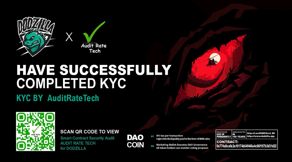dod_zilla's tweet photo. We have successfully completed KYC by AuditRateTech!
@ AuditRateTech @pinkecosystem @DoD_ZILLA  $FLOKI  #DODZILLA #BabyDoge #WAGMI #floki 
Mechanism 16—20％ slippage
https://t.co/jyDfdOrPm3

contract:0x774a8cA0C2e10174b64F446E4c96F107B3D31D22
TG ：https://t.co/EEGnU00UOW https://t.co/6euBL9s1bS