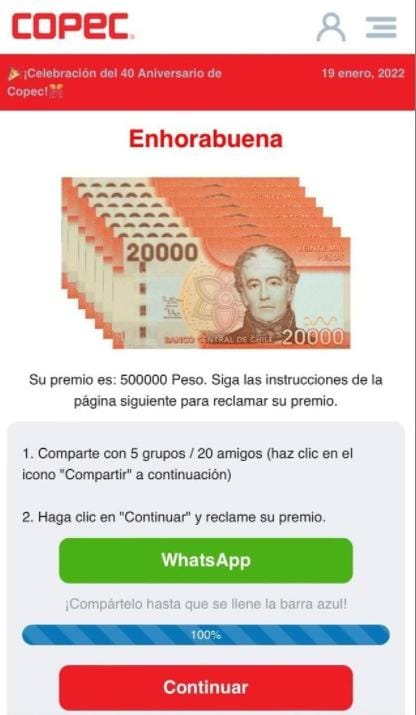 Estimados clientes y usuarios de nuestras plataformas: hemos detectado la viralización de concursos fraudulentos que utilizan nuestra imagen de marca. Les recordamos que Copec solo envía información por sus canales formales. ¡Hacemos un llamado a estar atentos!