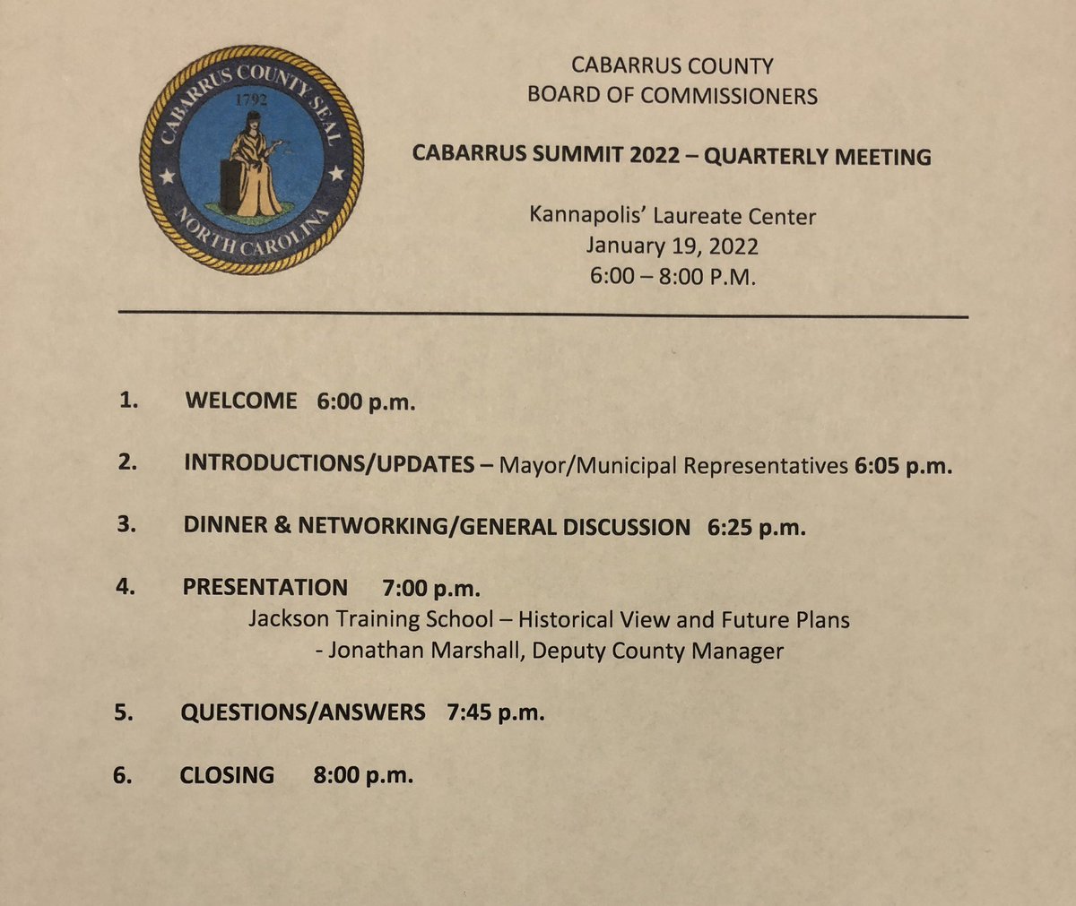 CabarrusCounty's tweet photo. Local officials have come together for the #CCBOC Quarterly Summit. Tonightβs presentation is on the history and redevelopment of the Old Stonewall Jackson Training School. https://t.co/XqK11UeTsw