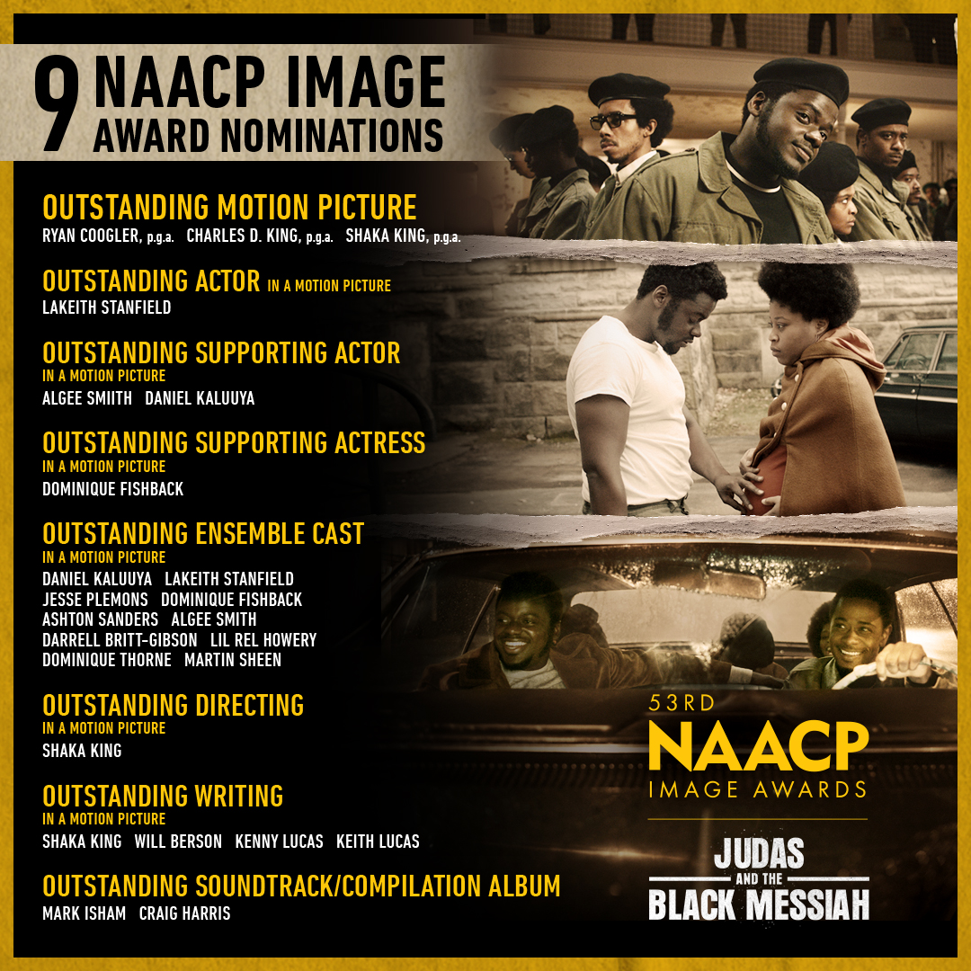 A huge congratulations to the #JudasandtheBlackMessiah team on an incredible nine @NAACPImageAward nominations. Here’s to the brilliant cast and crew and their revolutionary storytelling and performances.