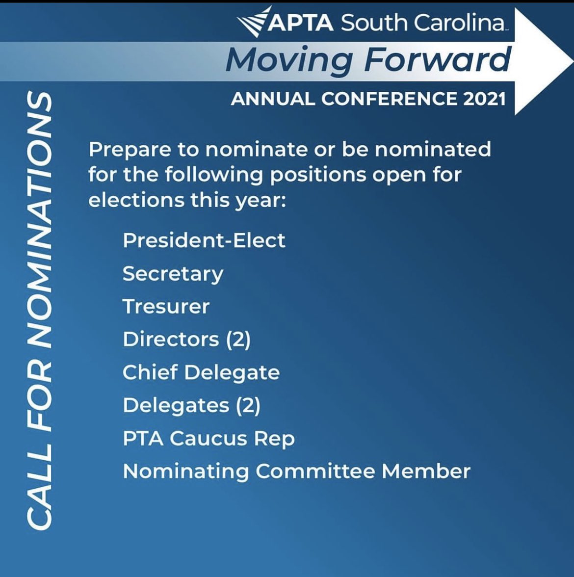 Descriptions of the open positions can be found at the following link: multibriefs.com/briefs/scapta/… 

If you are interested in running for an elected position, please let us know by completing the following form: app.smartsheet.com/b/form/b400870…

Feel free to nominate a friend or colleague!