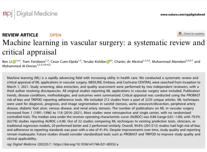 Our team recent work 
“Machine learning in vascular surgery: a systematic review and critical appraisal”
<a href="/ben_li123/">Ben Li</a> @tiamferidooni @cesarcuen @vasc_surg <a href="/UofTVascular/">UofT Vascular Surgery</a>  
@Unityhealthto @natureportfolio

doi.org/10.1038/s41746…