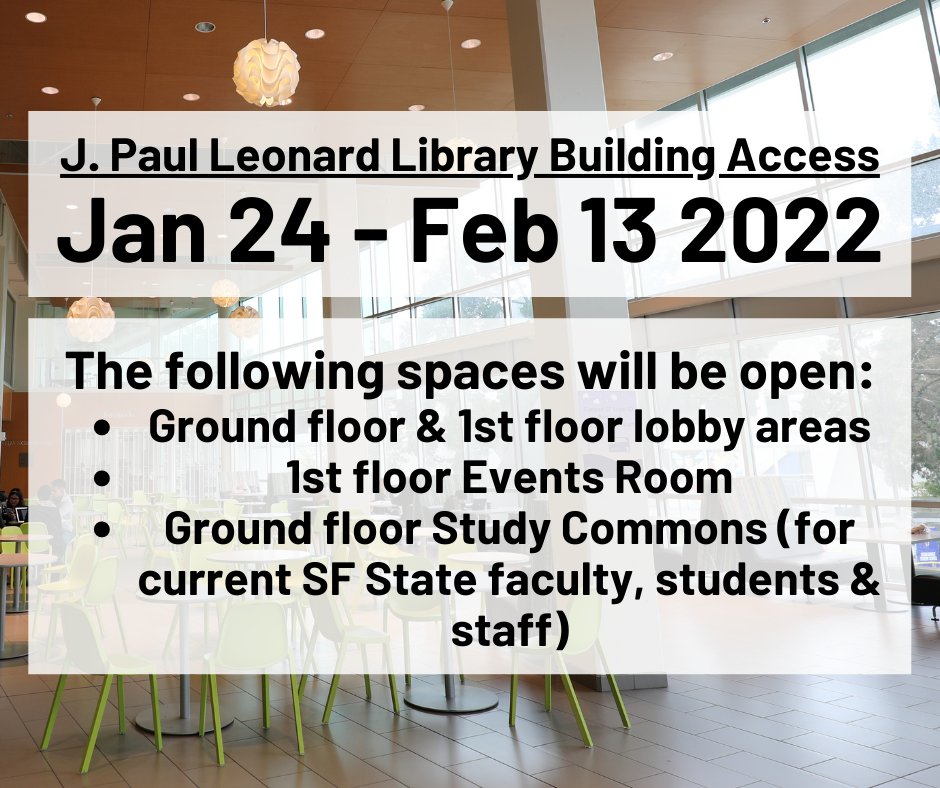 While most classes are online for the first weeks of the Spring semester, limited spaces in the #jpllibrary will be open to support the #SFState community. Hours will be M -Th 8 am-8 pm &amp; Fri 8 am-5 pm. For more info:  library.sfsu.edu/post/spring-se… or email circmail@sfsu.edu