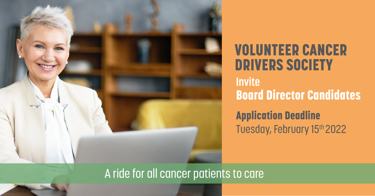 The Board of Directors is seeking submissions from interested candidates to stand for election to the Board of Directors at the VCDS Annual General Meeting in April 2022. #VolunteerCancerDriversSociety #GreaterVancouver #FraserValley