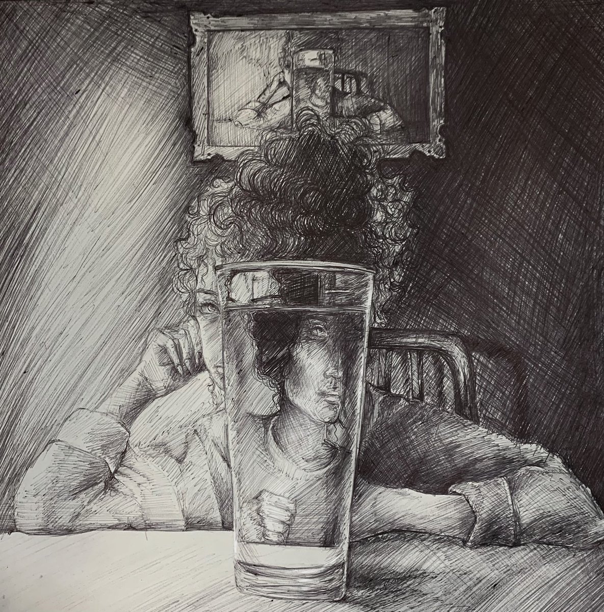 TpointlessTrash's tweet photo. “One cup” self portrait 
Pen and White pastel on paper 
 20x25 https://t.co/O62WhsTclD