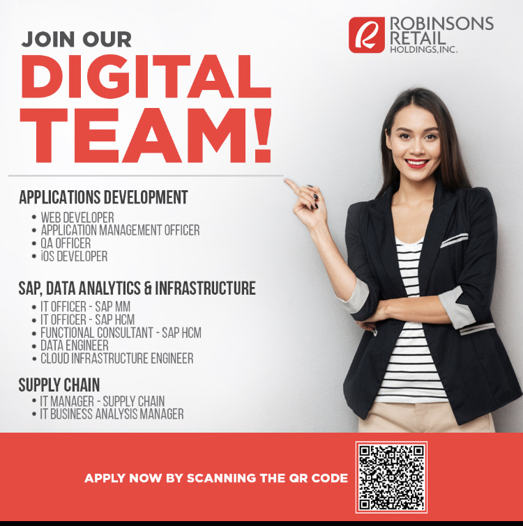 JoinJGSummit's tweet photo. Check Robinsons Retail's DIGITAL and IT careers!
Apply Now! 👉   https://t.co/mTwXNRNkFN

#DigitalCareers #RobinsonsRetail #GoRobinsons #WeAreJGSummit #GokongweiDigitalCareers #JoinJGSummit #DataAnalytics #Applications #ApplicationsDevelopment https://t.co/fQ1Zy6NQI9