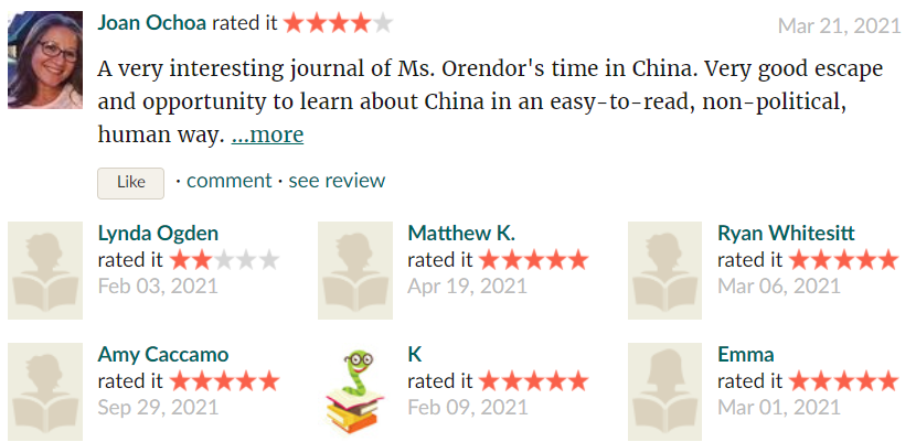 KOrendor's tweet photo. "Very good escape and opportunity to learn about China in an easy-to-read, non-political, human way."
Thank you @goodreads readers for not only buying the book, taking the time to read it, but also going the extra mile to review it.
@wbrandpub #IndiePublisher https://t.co/Vj8hTeEaPD