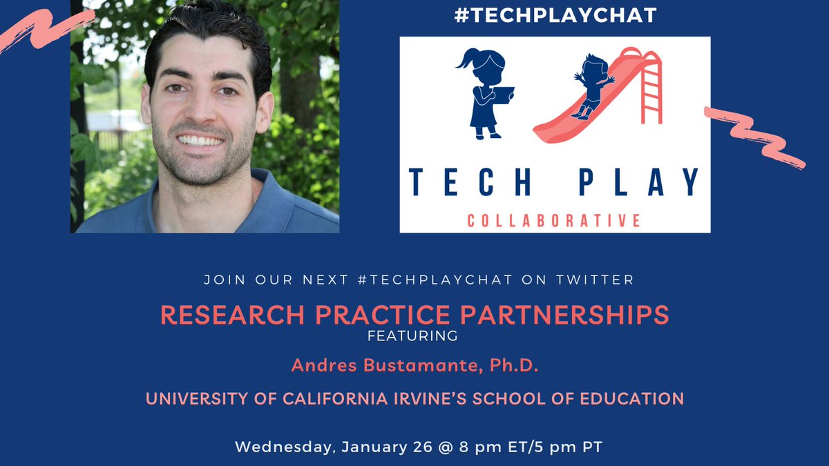 TechPlayCollab's tweet photo. Come join us on Wednesday, Jan 26th at 8 pm ET/5 pm PT for the next #TechPlayChat!
We'll be chatting about Research Practice Partnerships with Dr. Andres Bustamante (@Bustamante_AS), Director of the STEM Learning Lab at @UCIEducation.
#TwitterChat #collaboration #play https://t.co/j8hH9PERLF