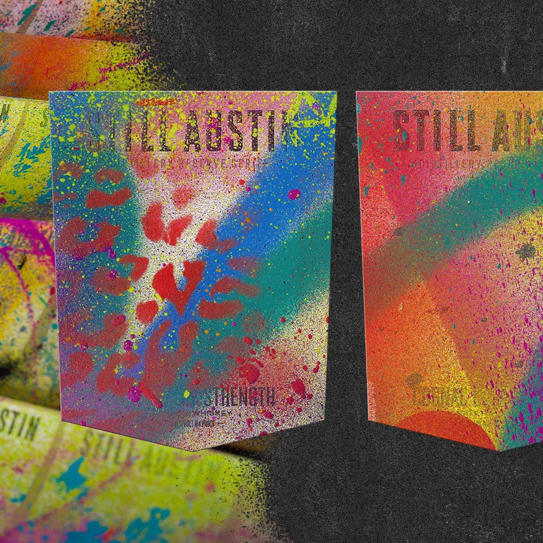 StillATX's tweet image. Start the year off with a work of art that's not only cool to look at but tasty too! Distillery Reserve Series Cognac Cask Rye Whiskey is #STILLAvailable. Click bit.ly/3AdxcLg to get your very own one-of-a-kind bottle, spray-painted by Austin graffiti artist @zuzubee.
