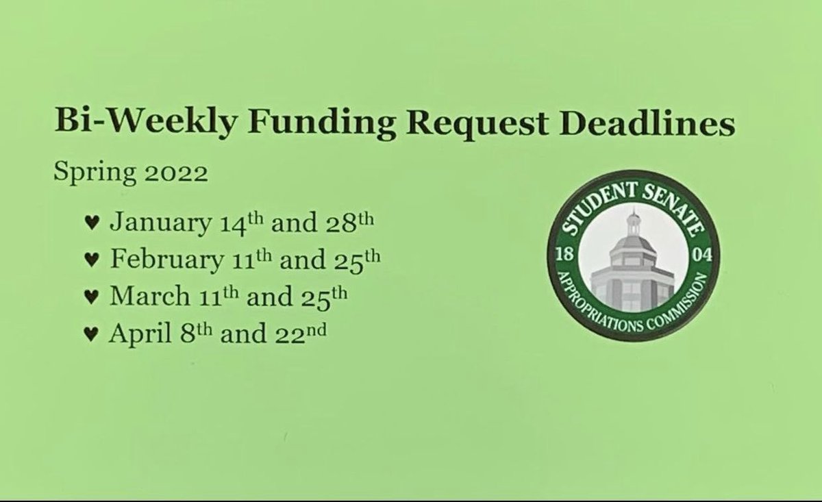 OUSAC's tweet photo. Here are the Biweekly Funding Request deadlines for this semester! Due 5pm every other Friday. Apply for student organization funding! https://t.co/s5UBsmIZ3f