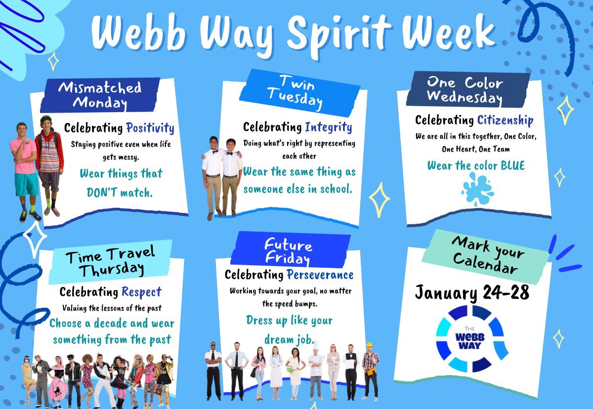 It’s almost here… PBIS Webb Way Spirit Week, January 24-28, to kick off second semester!! Mark those calendars and plan those fun outfits! #TheWebbWay <a href="/WebbBridgeMS/">Webb Bridge MS</a> @WBMSprincipal <a href="/FultonZone7/">Dr. Crumbley</a> <a href="/fcspbis/">FCSPBIS</a> <a href="/JennaAllenson/">Jenna (Allenson) Silverman</a>