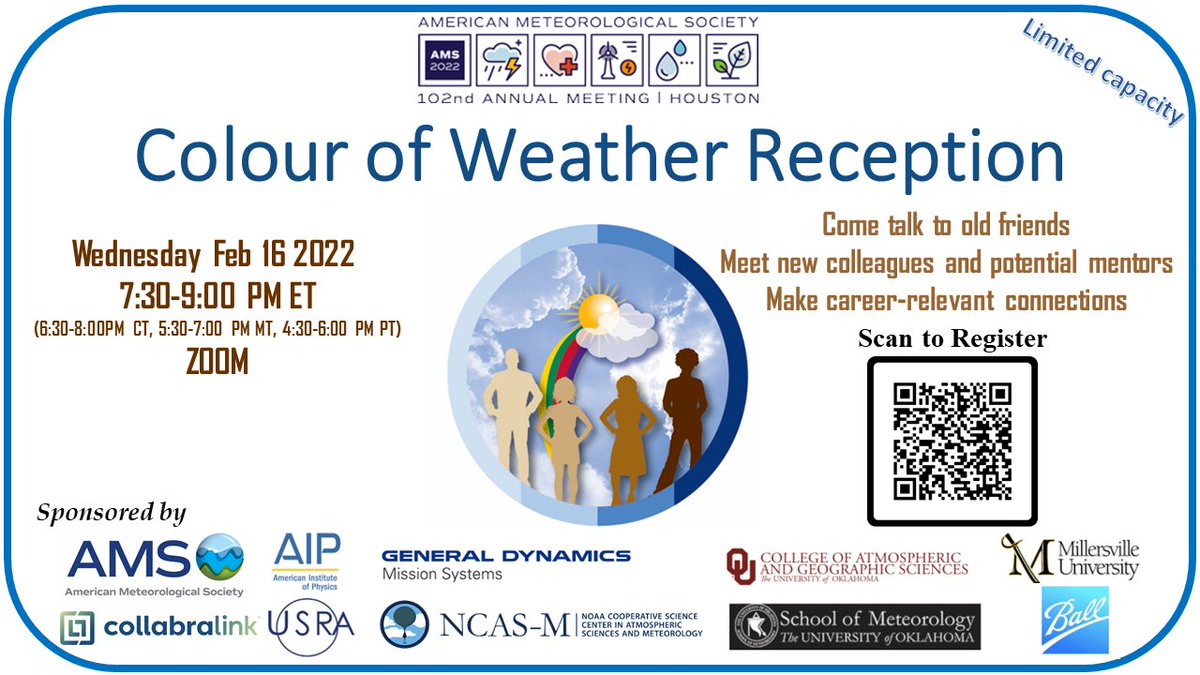 Colour of Weather Reception goes virtual! Join us on February 16th at 7:30pm ET to network with old & new colleagues and mentors! #AMS2022 Register to get the meeting link: us02web.zoom.us/meeting/regist…