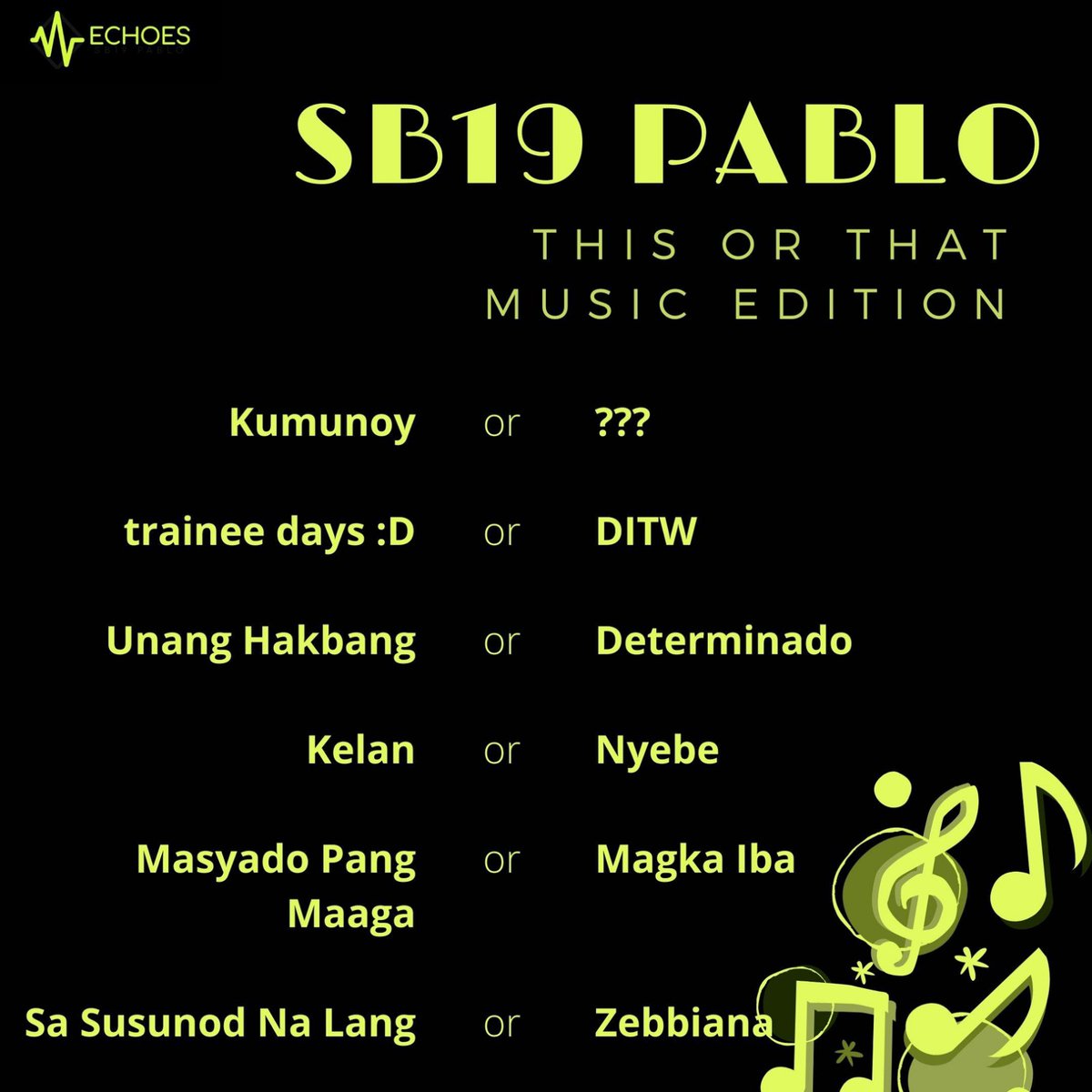 sb19echoes's tweet photo. Let's see how well you know #SB19_PABLO songs/covers through playing...

This or That: one tweet per answer with tags. Let's also do 4Rs, shall we? 😊

BAZINGA KEEP THE BUZZ
@SB19Official #SB19
#SB19TopsBillboardHTS
#ECHOES @imszmc 

Listen to #Bazinga_SB19 https://t.co/i2OAbYN7Mo