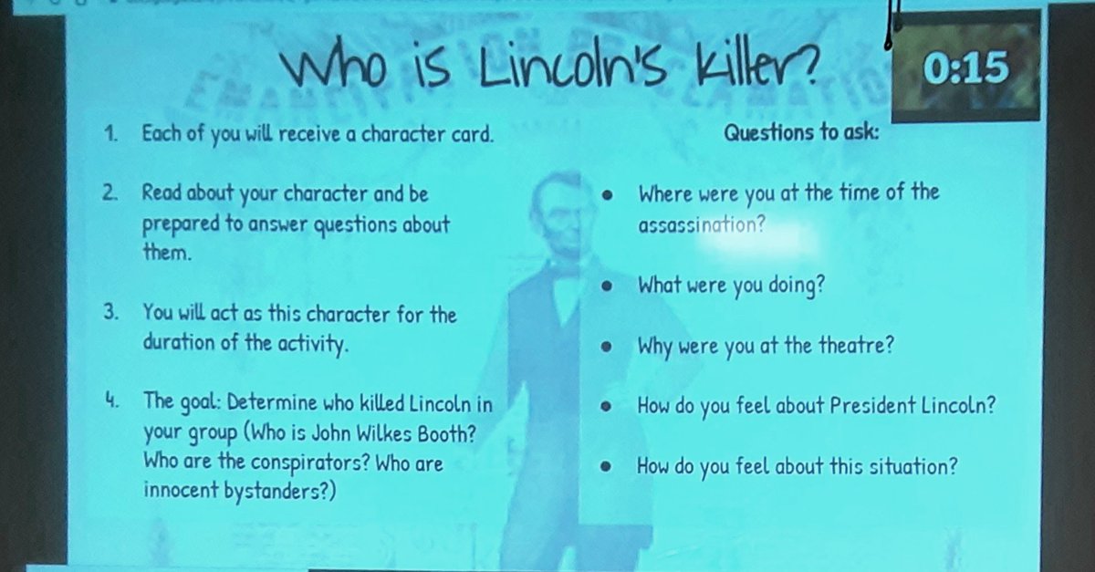 "Who Killed Lincoln?" was the name of the game today. The students had so much fun trying to figure out who the Booth and conspirators of the class were. 

<a href="/AllisonLTravis/">𝔸𝕝𝕝𝕚𝕤𝕠𝕟 𝕋𝕣𝕒𝕧𝕚𝕤 𝔹𝕝𝕒𝕜𝕖</a> <a href="/krsburk/">Kristi Sorg Burkhalter</a> @spartan_speak #socialstudies