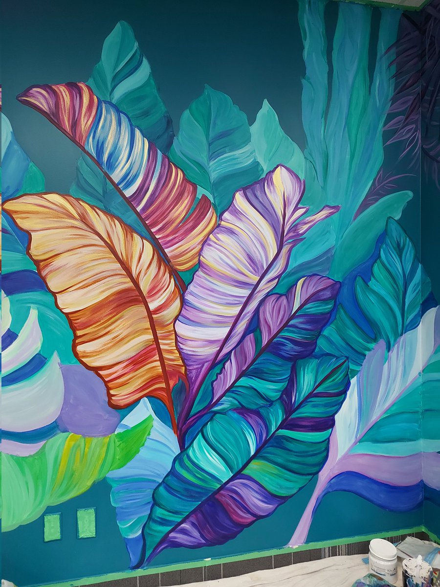 dajenesisx's tweet photo. First mural of 2022 in progress - Dreamy botanicals for my Interior Design client, Sarkar Interiors, in Mississauga ON. Slow and lengthy process but worth it to watch these leaves come to life. https://t.co/6Dw9rUG2LW