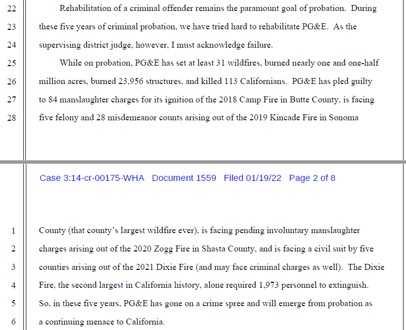 Judge Alsup, who has overseen PG&amp;E's five-year criminal probation, just filed a characteristically frank letter to docket reflecting on how it went.