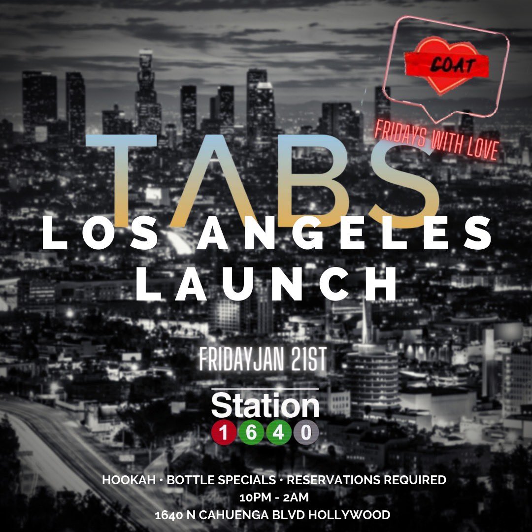 TABSAPP_'s tweet photo. LA!! #TABS is Launching this weekend! Friday, come to Station1640 and experience social modernization with #TABSapp. Cover friends and family Tab through #TABSapp 🥃📲 https://t.co/ex7ce9qaZc