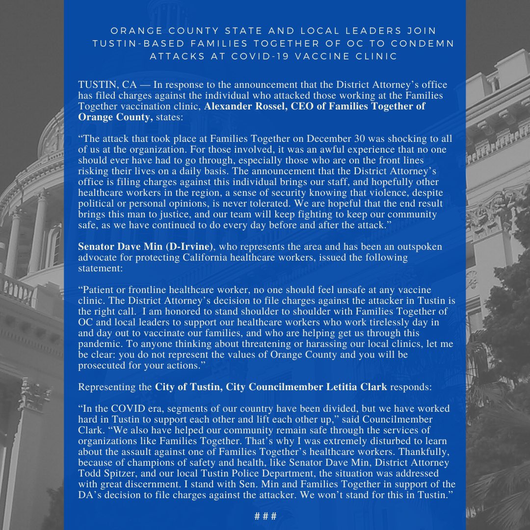 SenDaveMin's tweet image. JOINT RELEASE: Senator Min and Tustin City Councilmember Letitia Clark joined Families Together of OC to condemn attacks at local Covid-19 vaccine site. Statement: sd37.senate.ca.gov/news/joint-rel…