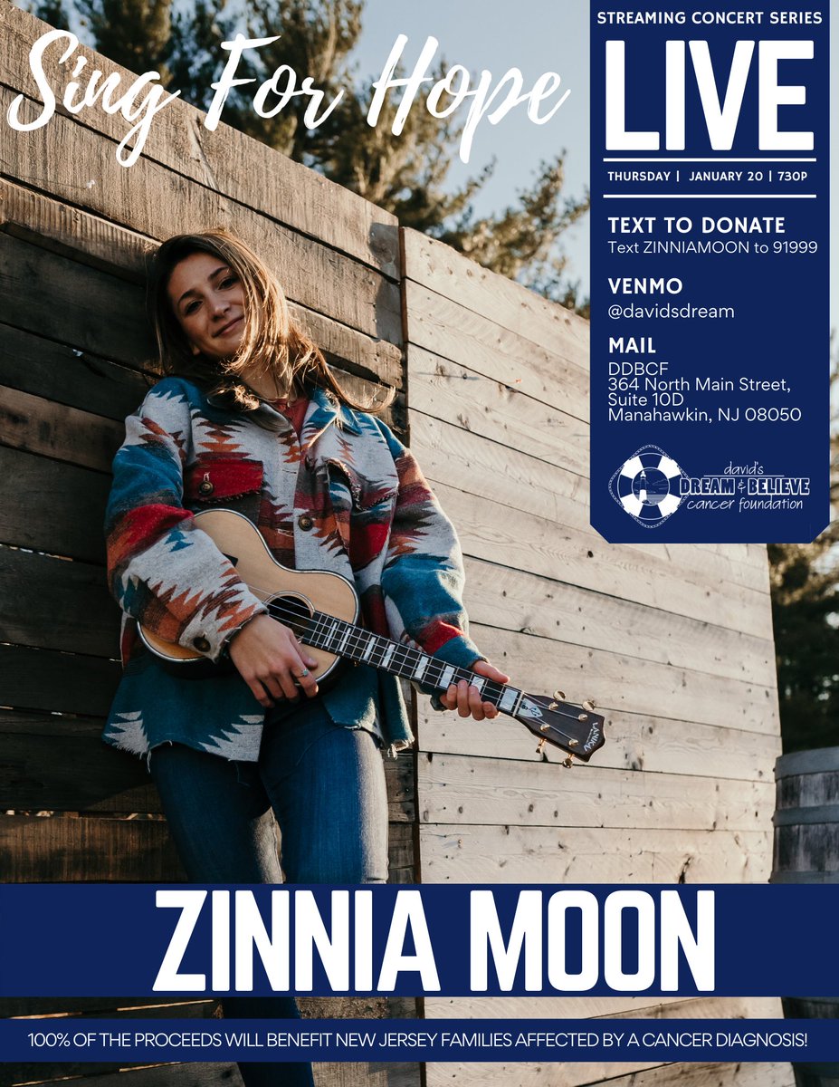 Please join us tomorrow night at 7:30 for a <a href="/Meta/">Meta</a> #LiveStream concert with @zinniamoonmusic for the start of a very special 3-week Sing for Hope Winter Edition to benefit <a href="/DDBCF/">David's Dream & Believe Cancer Foundation</a>. Listen from the comfort of your home. #ArtistSpotlight #kindness #KindnessMatters #Hope