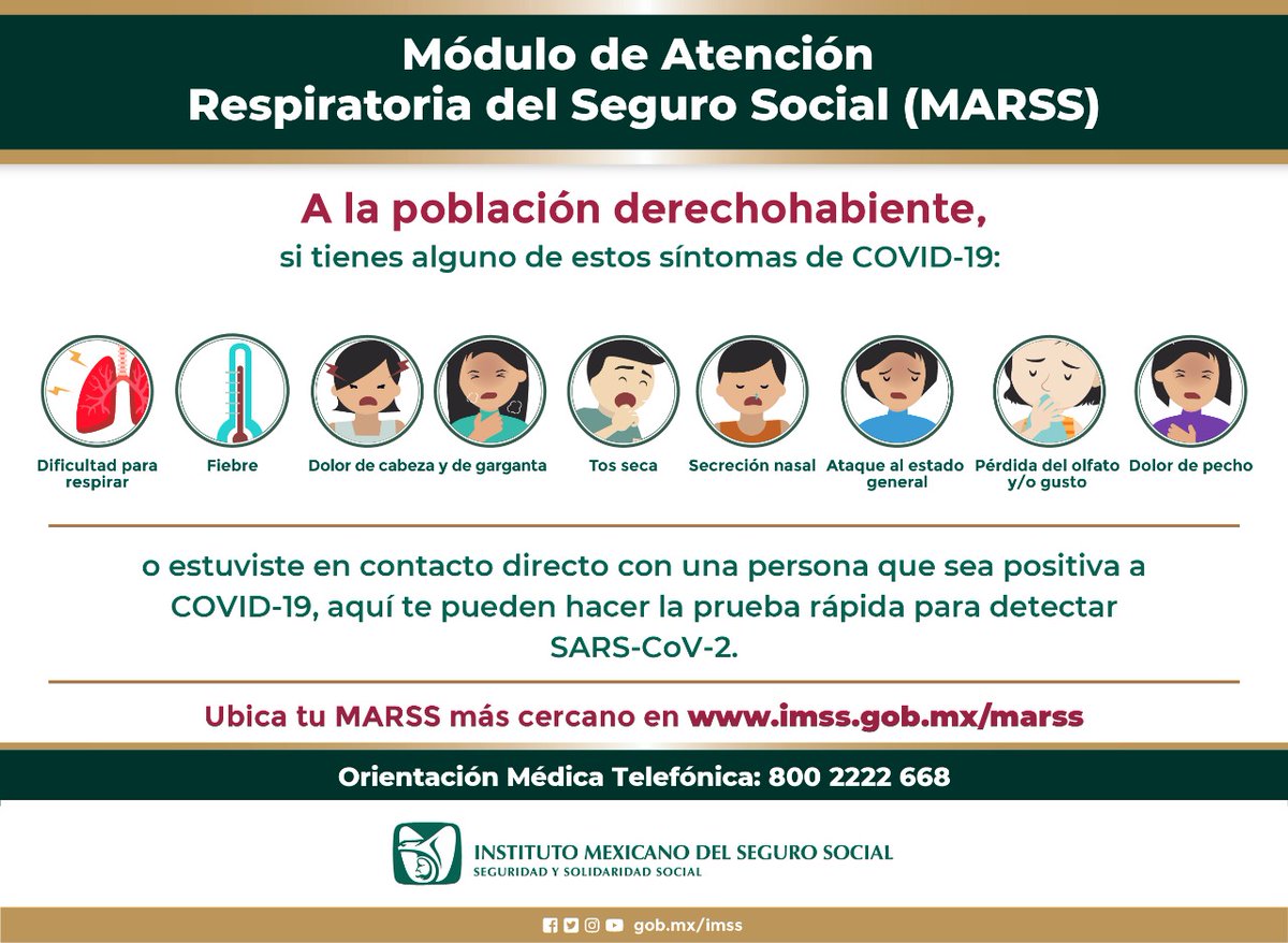 SISODEM's tweet photo. A la población derechohabiente: ¿Tienes síntomas de #COVID19? 

No esperes, acude a los Módulos de Atención Respiratoria de Seguro Social (#MARSS) y valórate.😷 https://t.co/R56Ssb1y0q https://t.co/AGssyiOn55