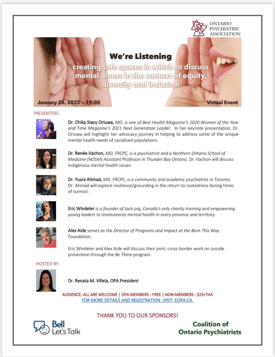 Chika Stacy Oriuwa (@drchikaoriuwa) on Twitter photo Excited to provide the keynote address for the <a href="/OntPsychAssoc/">Ontario Psychiatric Association</a> “We’re Listening” Event, in partnership with <a href="/Bell_LetsTalk/">Bell Let's Talk</a> on Jan,26 2022! Will discuss mental health at the intersection of equity, diversity and inclusion. Registration open now. Excited to provide the keynote address for the <a href="/OntPsychAssoc/">Ontario Psychiatric Association</a> “We’re Listening” Event, in partnership with <a href="/Bell_LetsTalk/">Bell Let's Talk</a> on Jan,26 2022! Will discuss mental health at the intersection of equity, diversity and inclusion. Registration open now.