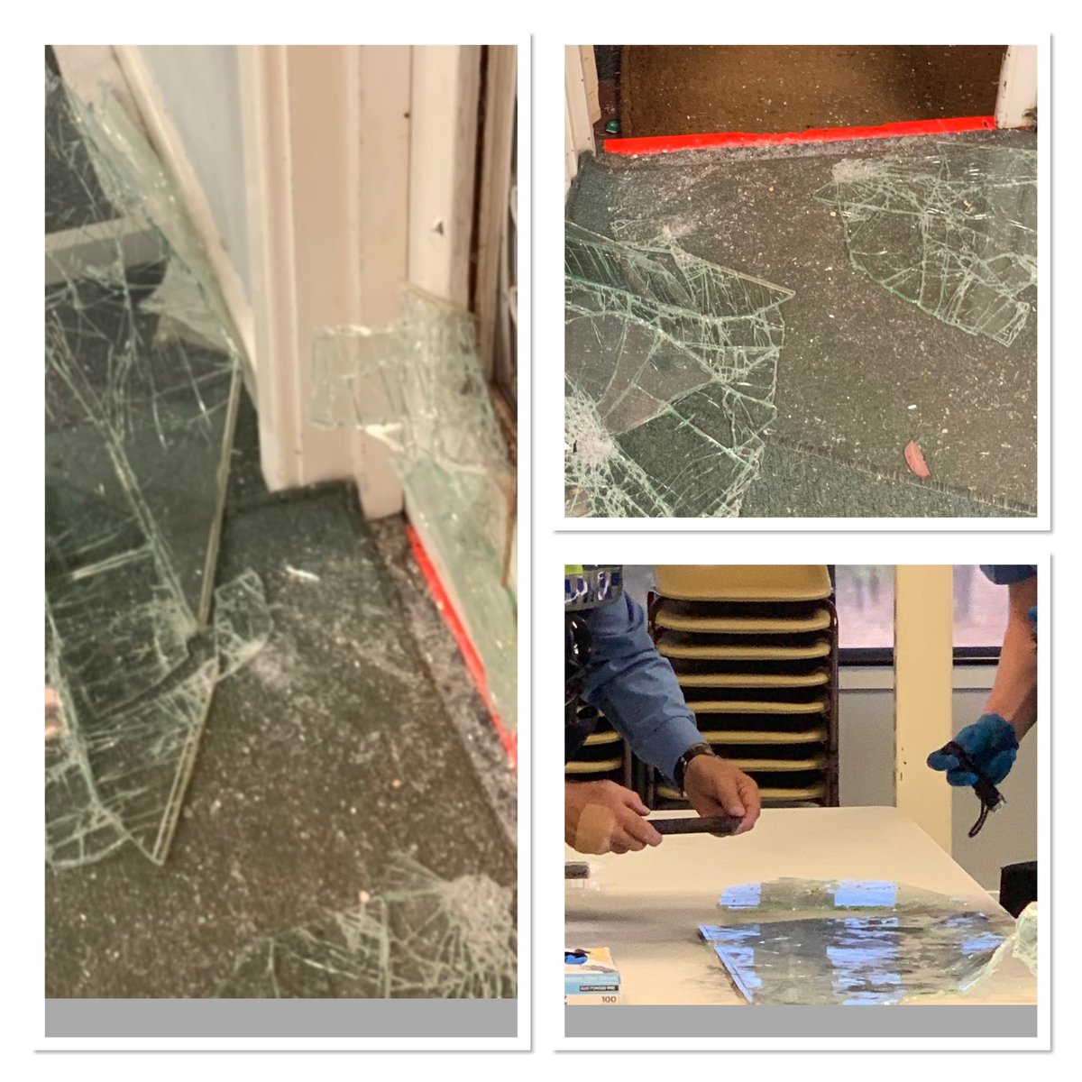 MooraPol's tweet photo. Whoever went through the glass door of golf club house in Moora this morning, golf season has not started. Please just call a member, they will let you in without you leaving broken glass on the carpet. #fb #whydothis #getakey https://t.co/CRz9ViUFdM