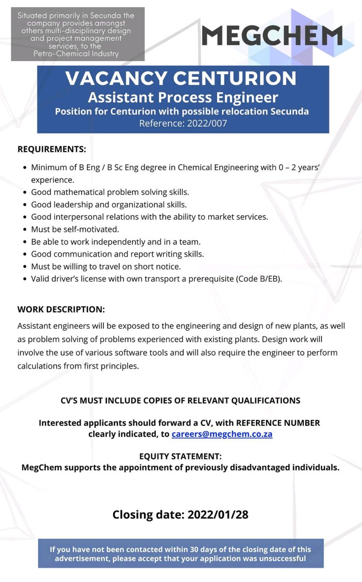 Chemical Engineering..closing 28 Jan 2022