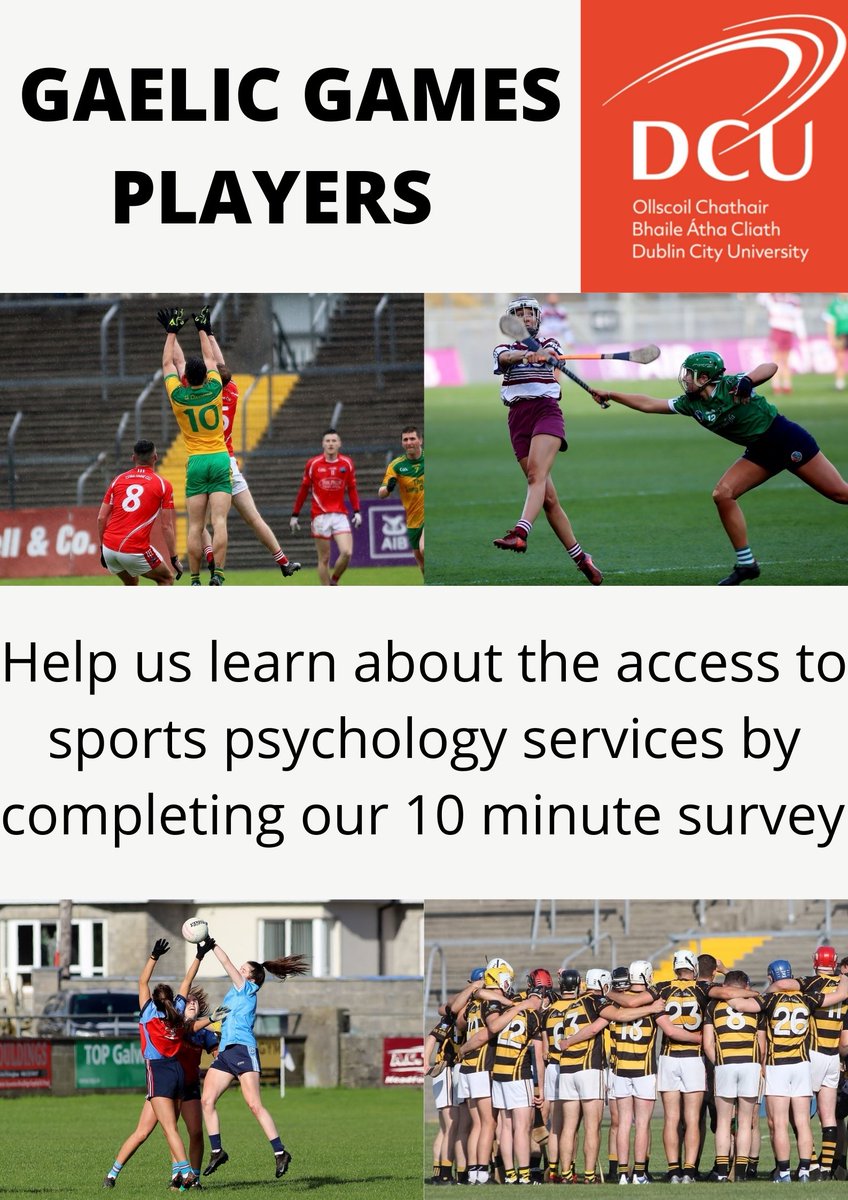 KinnaneTommy's tweet photo. GAELIC GAMES PLAYERS

We are looking for gaelic games players (over 18) to complete a once off 10 minute survey to allow us to learn more about their access to sports psychology services. 

Click the link below.

https://t.co/MzqbLGCioR https://t.co/07dinB5qZ7