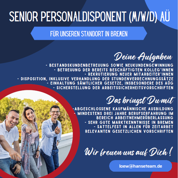 Der Anfang in Bremen ist bereits gemacht und jetzt suchen wir Dich! Du startest als Senior Personaldisponent (m/w/d), entwickelst Deine Niederlassung in Bremen weiter und hast die Perspektive, nach einem Jahr Niederlassungsleiter*in zu werden.

#Job #Bremen #Karriere #Chance