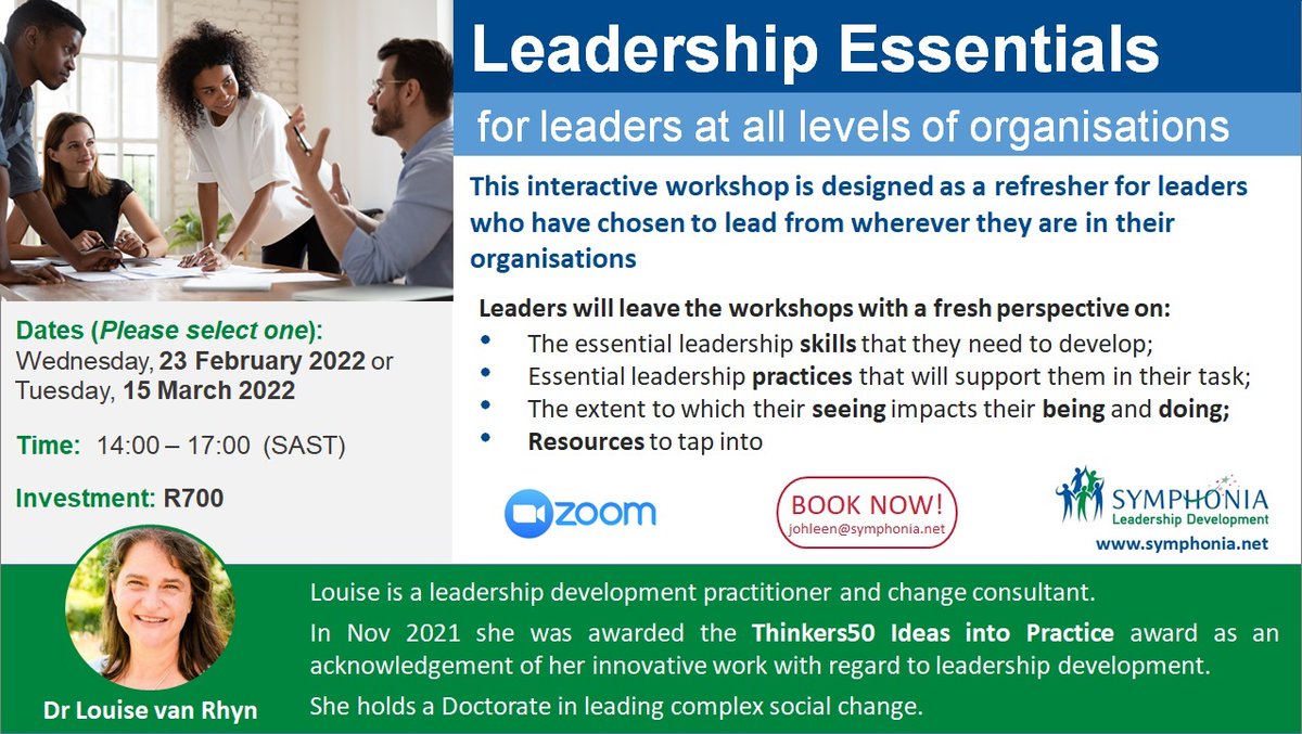For leaders at all levels of organisations.
This interactive workshop is designed as a refresher for all leaders who have chosen to lead from wherever they are in organisations  #LeadershipEssentials 
bookings.symphonia.net/booking_form_x…