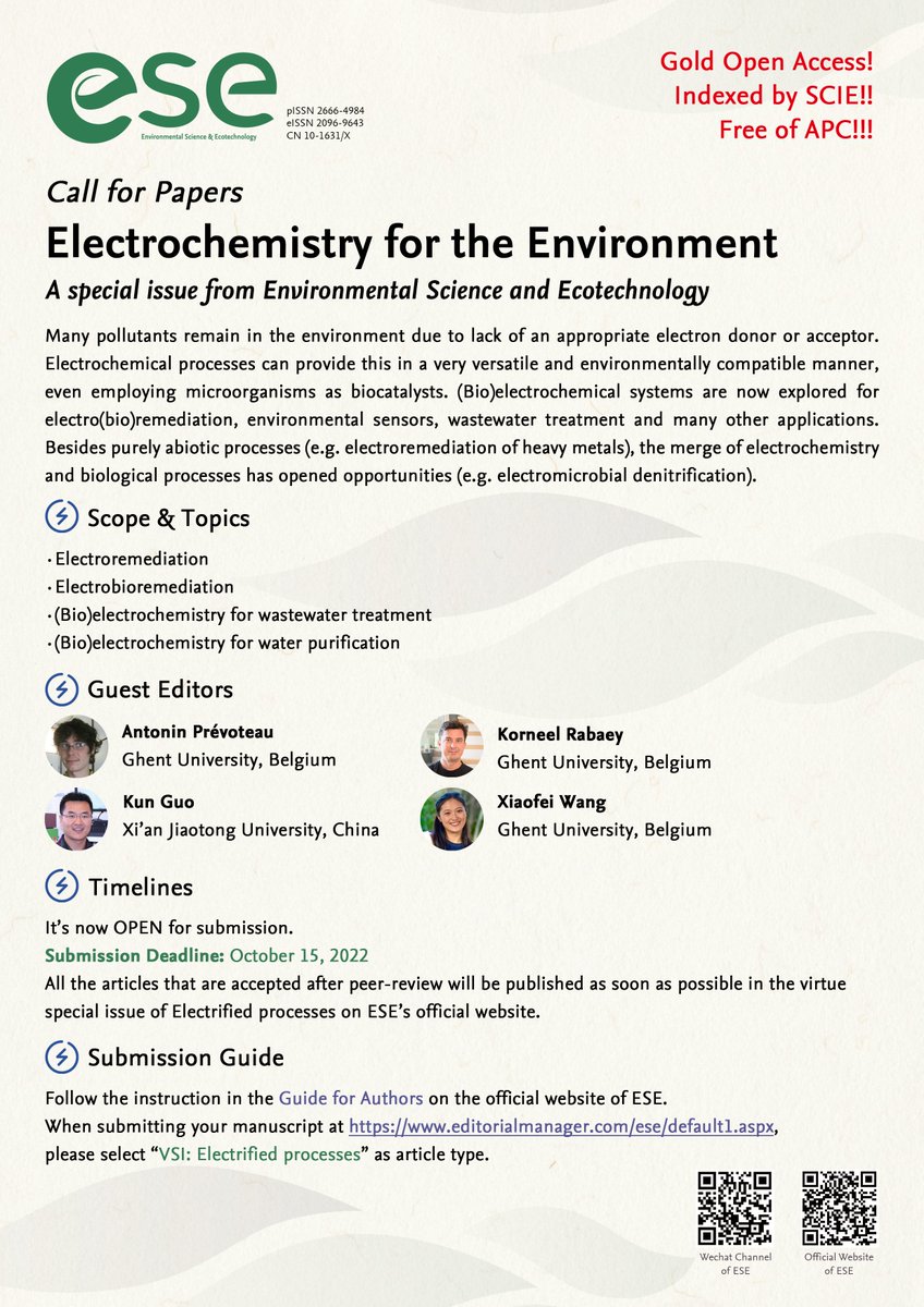 Our third and latest #SpecialIssue about #Electrochemistry for the  Environment on Environmental Science and Ecotechnology.
