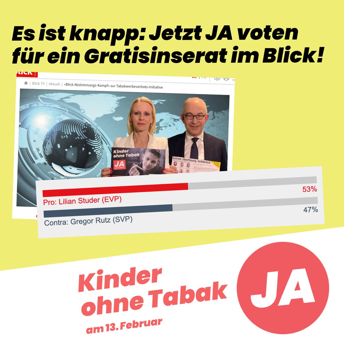 🚨 Das Voting fürs #kinderohnetabak-Gratisinserat im Blick läuft nur noch wenige Stunden 👉 Jetzt gleich für NR Lilian Studer abstimmen: bit.ly/3FInAcx