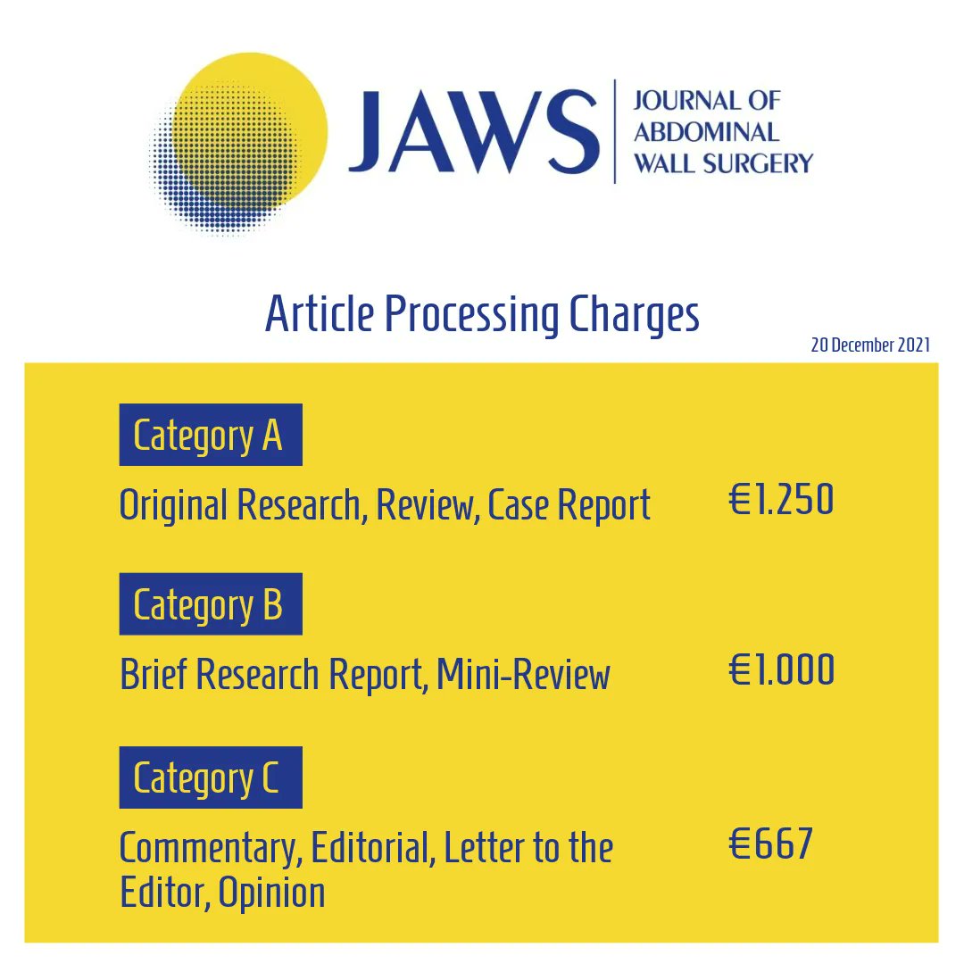 eurohernias's tweet photo. Please be informed for the new Article Processing Charges (APCs).

Submit your research on abdominal wall diseases to #JoAWS
➡️ https://t.co/CPAEGLuEtM

#HerniaSurgery #HerniaFriends #Some4Surgery @JoAWSurgery https://t.co/WrKTObTcqR