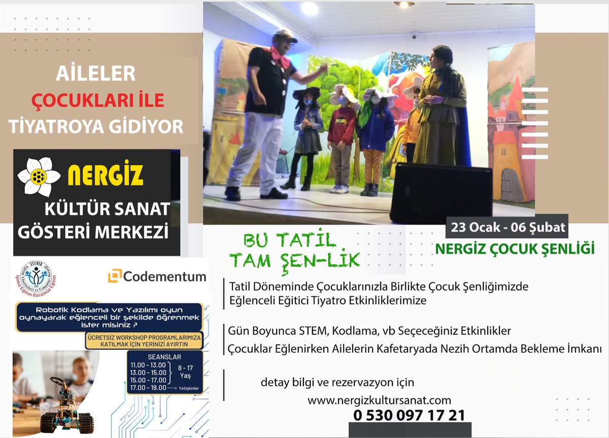 Bu tatil tam ŞEN-LİK
NERGİZ ÇOCUK ŞENLİĞİ etkinliklerini kaçırmayınız.
Detaylı bilgi ve rezervasyon için 👇
0530 097 17 21
#Stem, #Kodlama, #Tiyatro, #Yazılım, #Eğitim
<a href="/Nergiz_Kultur/">Nergiz Kültür Sanat Cafe</a>