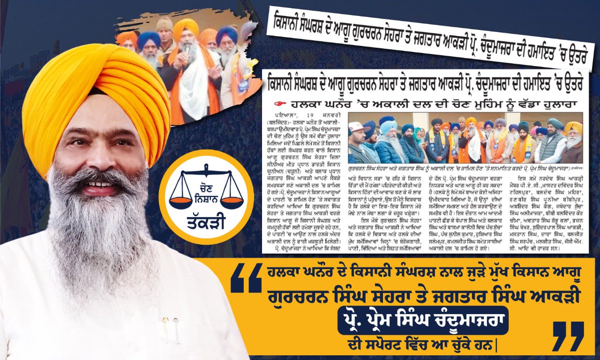 ChandumajraProf's tweet photo. ਹਲਕਾ ਘਨੌਰ ਦੇ ਕਿਸਾਨੀ ਸੰਘਰਸ਼ ਨਾਲ ਜੁੜੇ ਮੁੱਖ ਕਿਸਾਨ ਆਗੂ ਗੁਰਚਰਨ ਸਿੰਘ ਸੇਹਰਾ ਤੇ ਜਗਤਾਰ ਸਿੰਘ ਆਕੜੀ ਪ੍ਰੋ. ਪ੍ਰੇਮ ਸਿੰਘ ਚੰਦੂਮਾਜਰਾ ਦੀ ਸਪੋਰਟ ਵਿੱਚ ਆ ਚੁੱਕੇ ਹਨ| https://t.co/T2MI0vyOMb