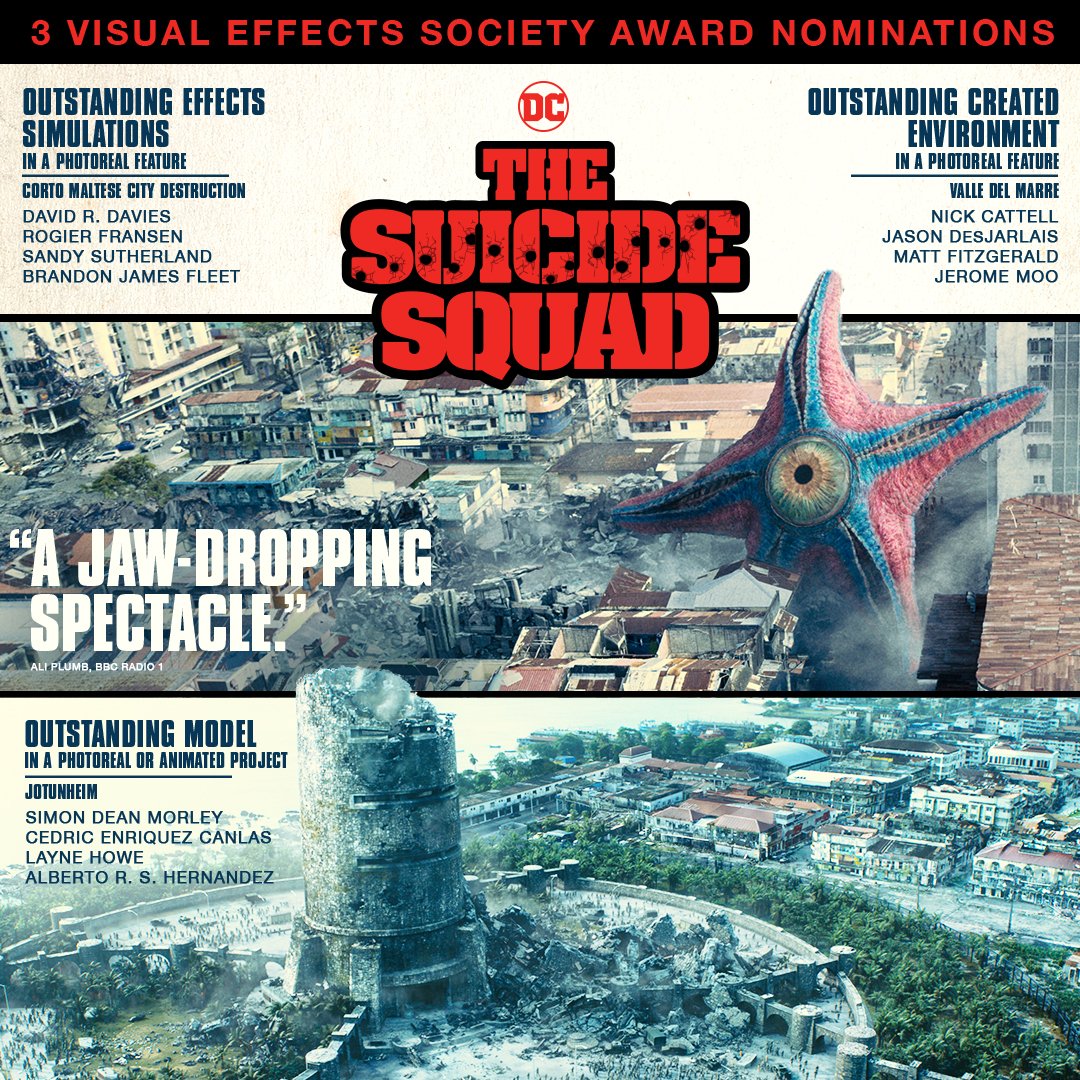 The Suicide Squad (@suicidesquadwb) on Twitter photo A huge round of applause goes out to the visual effects team of #TheSuicideSquad! Their outstanding work has earned 3 nominations for this year’s <a href="/VFXSociety/">VisualEffectsSociety</a> Awards. A huge round of applause goes out to the visual effects team of #TheSuicideSquad! Their outstanding work has earned 3 nominations for this year’s <a href="/VFXSociety/">VisualEffectsSociety</a> Awards.
