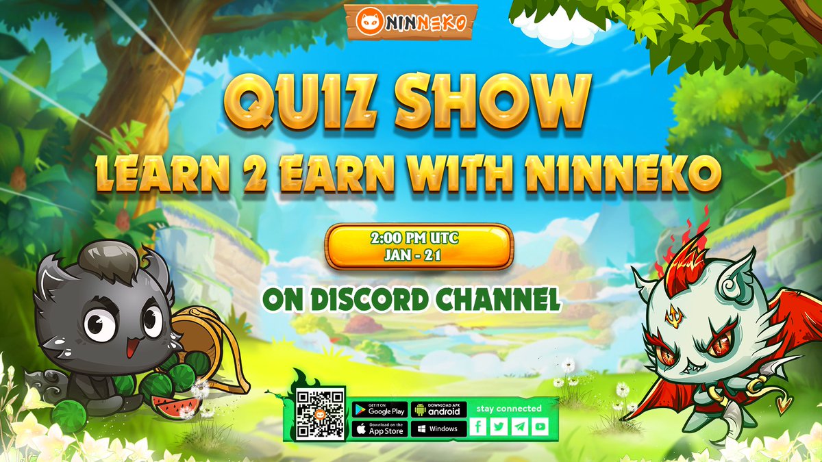 ️🎉Are you ready for the first issue of Quiz Show: Learn 2 Earn with Ninneko?️🎉

🏆Prize: 6 NFT cats for the TOP 1 in the competition.

-Time: 2PM on Friday, January 21 (UTC)
-Venue: voice channel "Quiz Show: Learn 2 Earn" on Ninneko Discord-> discord.gg/X7UmsJx7