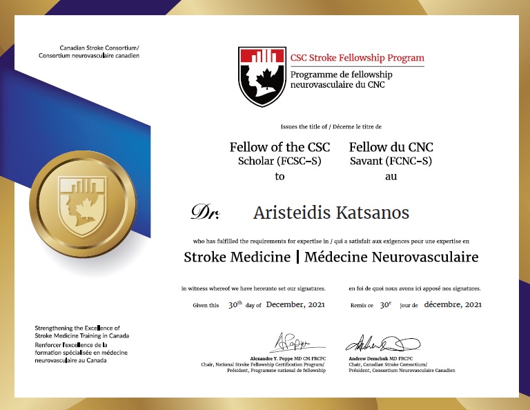 ArKatsanos's tweet photo. It is an incredible joy and honor to become a Fellow of the @CSC_Stroke and a Scholar in Stroke Medicine after the successful completion of the newly launched CSC Stroke Fellowship Program. Thanks to @LucianaCJS6, @PoppeAY and all the CSC Fellowship Committee members! https://t.co/DXSMR1NCXT