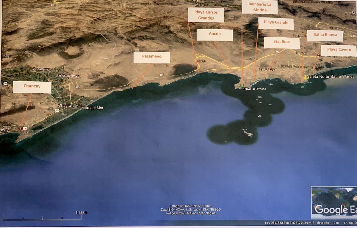 EdMalagaTrillo's tweet photo. Según nos mostraron los voceros de REPSOL, esta era hoy la extensión del derrame. La expansión de la mancha es evidente, la contención del daño no lo es. El impacto es múltiple: ecológico, económico, social, sanitario, climático, psicológico

Urge declarar ya Emergencia Ambiental https://t.co/R5TxZRNYWU