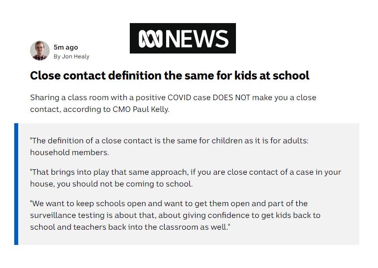 Sharing a class room with a positive COVID case DOES NOT make you a close contact, according to CMO Professor Paul Kelly.

#COVID19Aus #auspol <a href="/PKelly_CBR/">Paul Kelly - CBR</a>