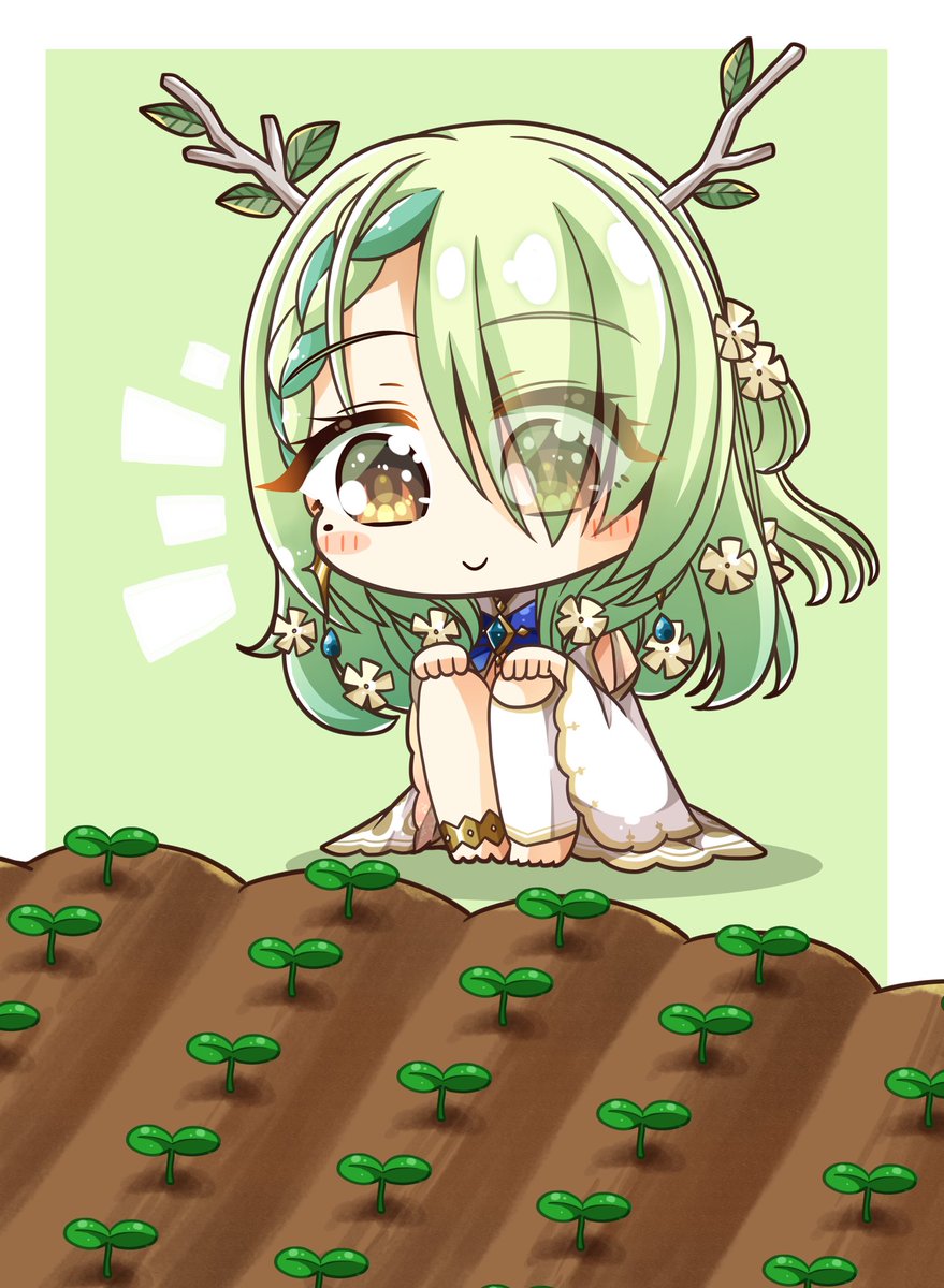 ceres fauna 1girl green hair solo braid eyes visible through hair smile chibi  illustration images