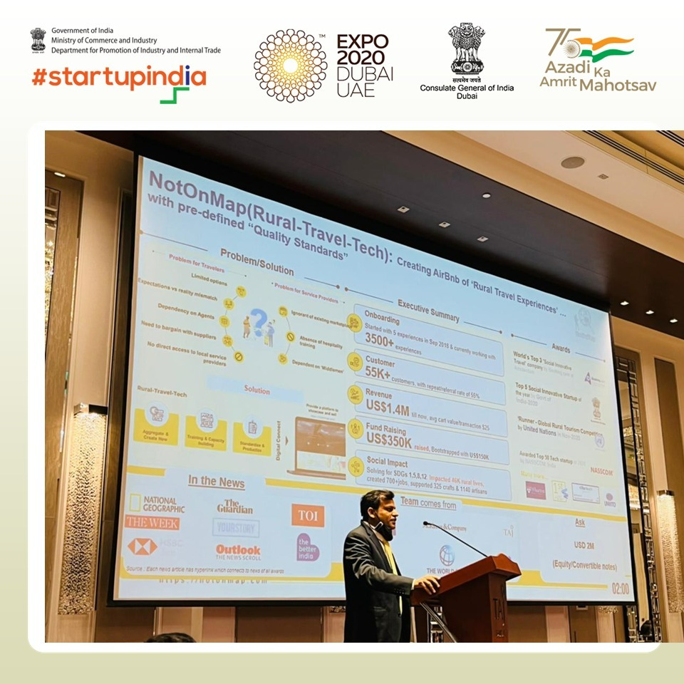 Mr. Anubhav Kumar, Founder of Unknown Destinations Pvt Ltd (NotOnMap) delivered his pitch in front of the investor community at Elevate VI - a Pitching Event being organized as part of the startup engagements for Indian startups at Expo 2020 Dubai. 
<a href="/IndiaExpo2020/">India at Expo 2020</a> #Expo2020Dubai