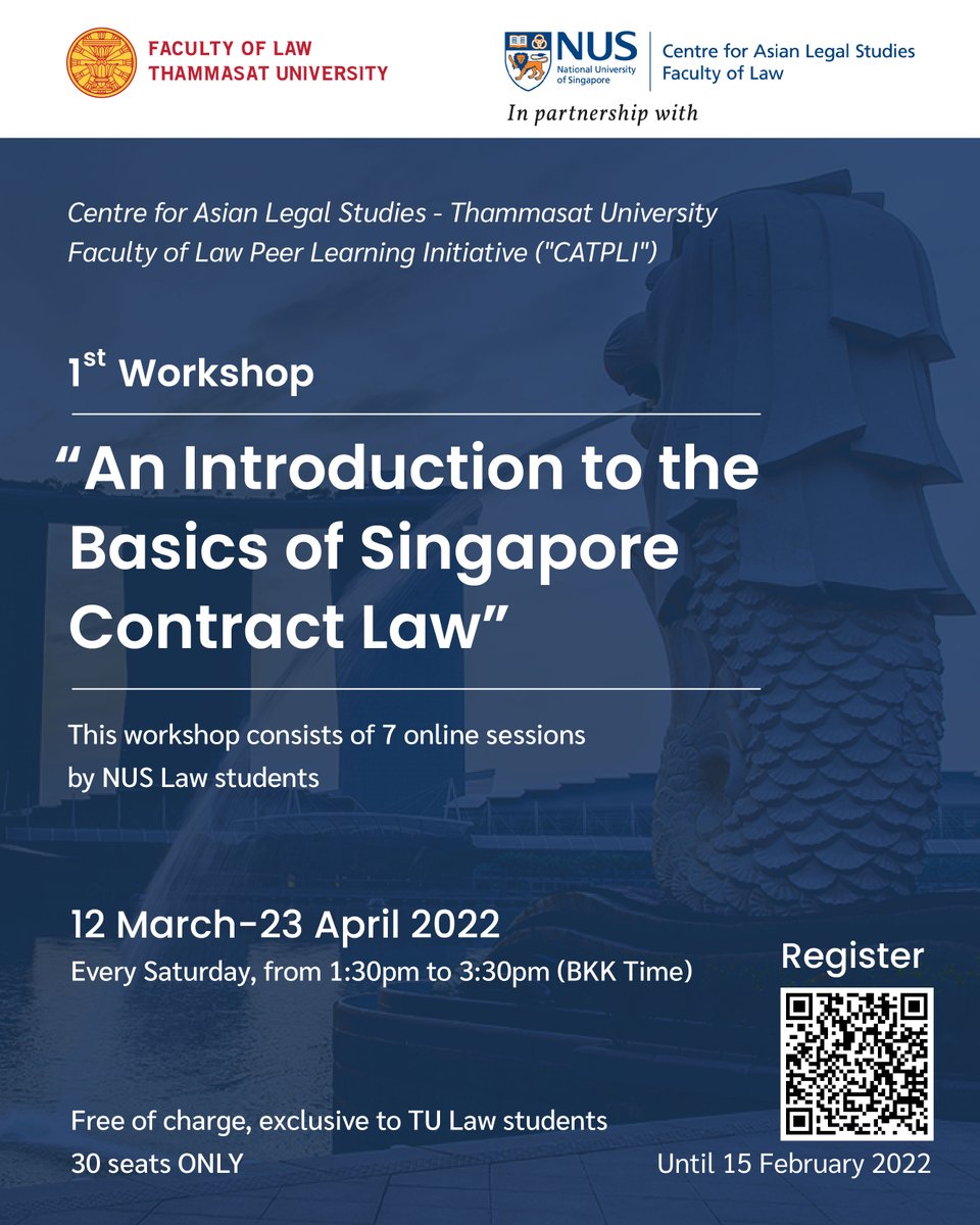 [𝐋𝐀𝐔𝐍𝐂𝐇] 𝐂𝐀𝐋𝐒-𝐓𝐔 𝐏𝐞𝐞𝐫 𝐋𝐞𝐚𝐫𝐧𝐢𝐧𝐠 𝐈𝐧𝐢𝐭𝐢𝐚𝐭𝐢𝐯𝐞 (𝐂𝐀𝐓𝐏𝐋𝐈), a student-led project to foster greater academic collaboration &amp; knowledge exchange between students of <a href="/nus_law/">NUS Faculty of Law</a> &amp; <a href="/thammasat_uni/">Thammasat University</a>.
More info: nus.edu/3KodoJI
#singaporecontractlaw