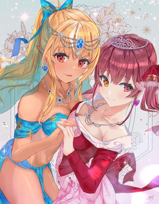 #しらぬえ
#マリンのお宝

skeb依頼ありがとうございました…!プリンセスジャスミン風衣装の不知火フレアちゃんと眠れる森の美女風衣装の宝鐘マリンちゃんです…! 