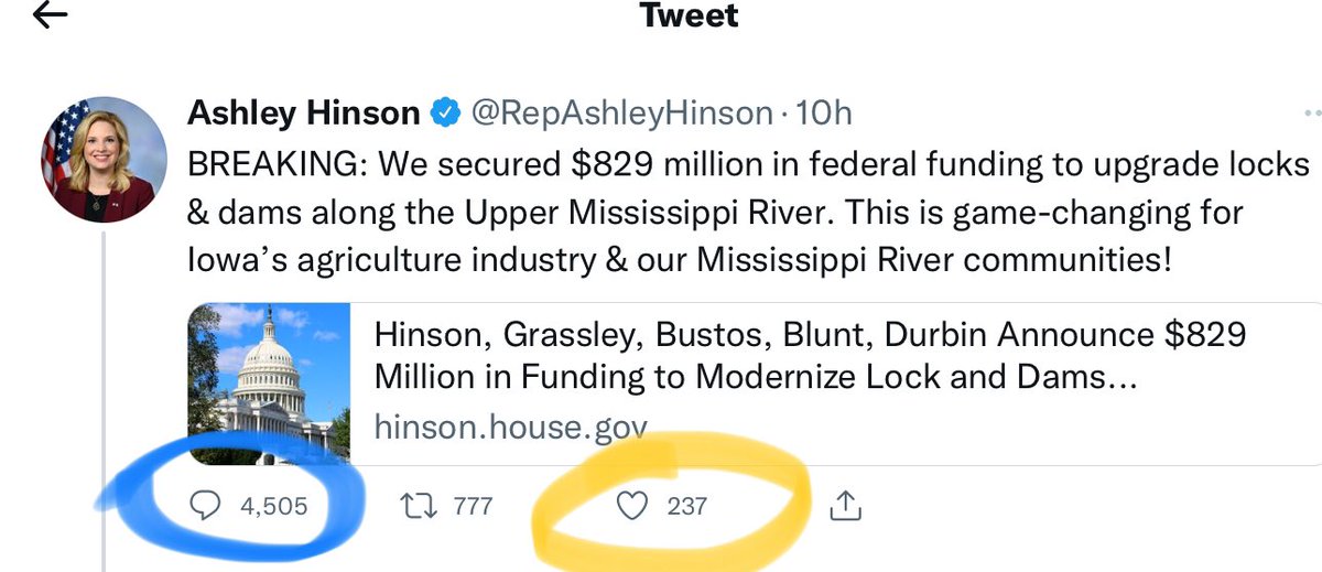Amazing ratio that @RepAshleyHinson is getting on her tweet deceitfully claiming credit for funds she voted against.