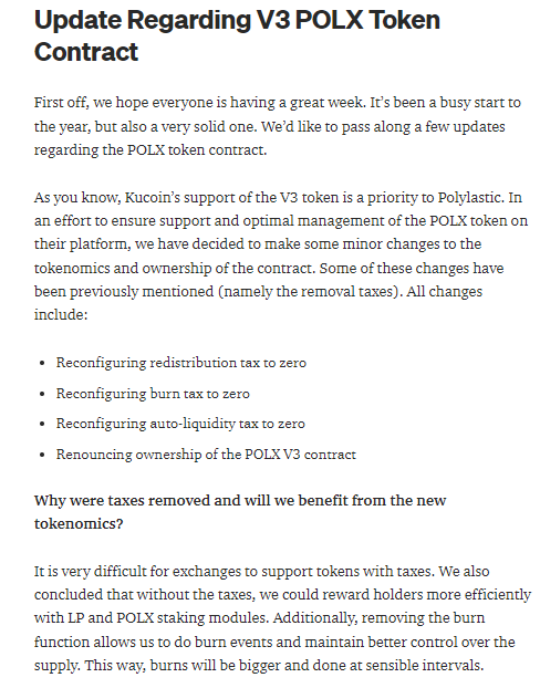 PolxPrimeTime's tweet photo. An update from the $POLX team! No more taxes, instead manual burns of supply. Staking and V3 Kucoin approaching 👀 🥩 #PolygonIndex https://t.co/OHmPRX3ojn https://t.co/UtxvZ0PSkb