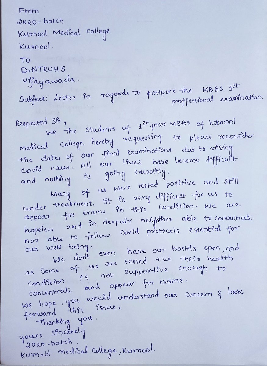87Vamsi's tweet photo. Request from KMC,kurnool MEDICOS to postpone mbbs exams in AP due to this pandemic situation 
Mentally and physically not ready to face that stress @official_aimsa
@PawanKalyan
@ysjagan 
@ncbn 
@TV9Telugu @PMOIndia 
Postpone mbbs exams
#postponembbsexamsAP
#postponembbsexamsAP https://t.co/wpeAdnO4CI